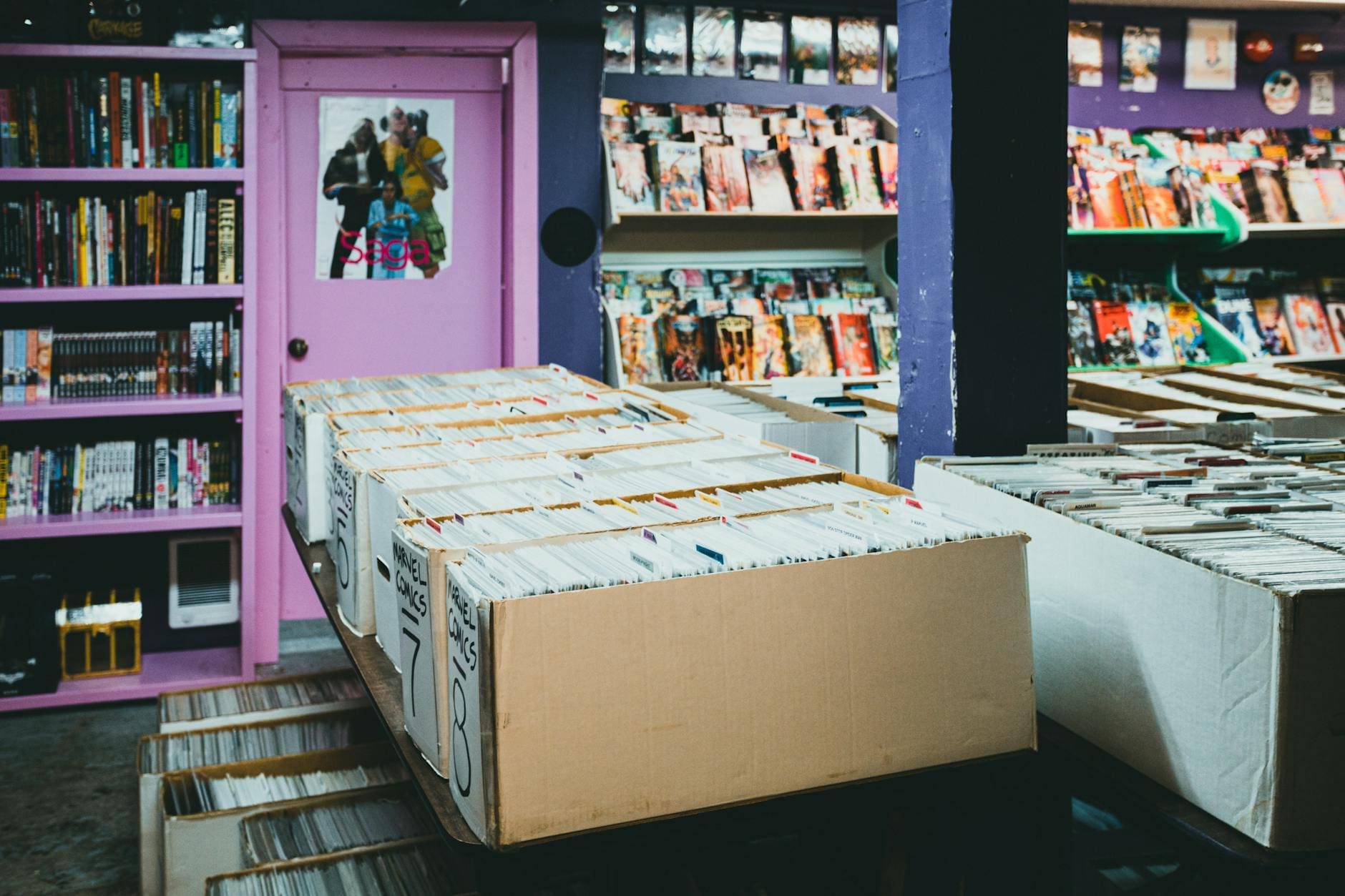 Comic book store with rows of issues and collectibles