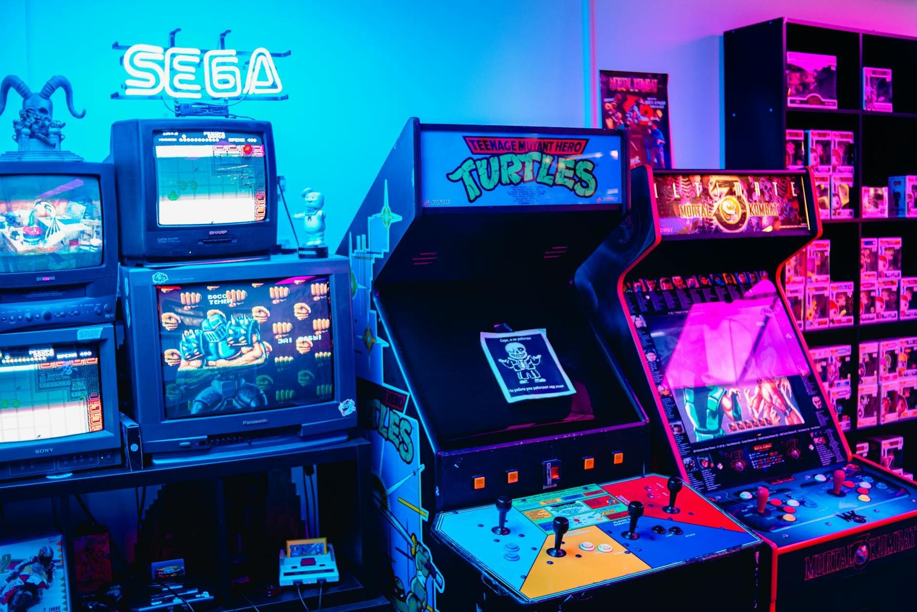Retro arcade machines with neon lighting